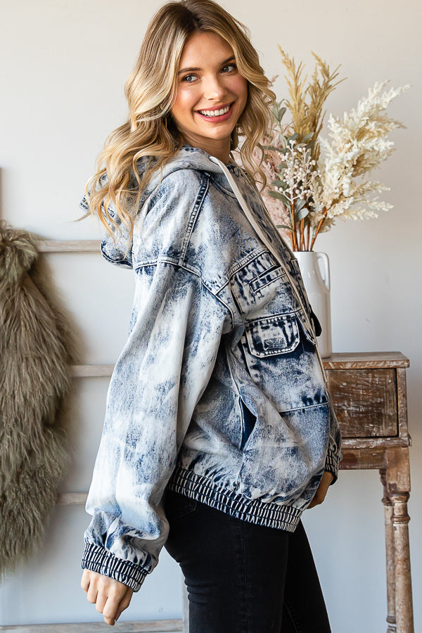ACID WASHED HOODED DENIM ULITITY JACKET