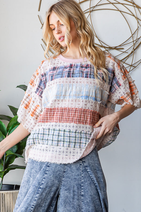 WASHED LACE INSERT PLAID MIX KNIT TOP
