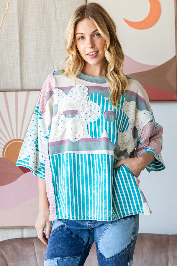 WASHED FLOWER PATCHWORK MULTI STRIPED TOP