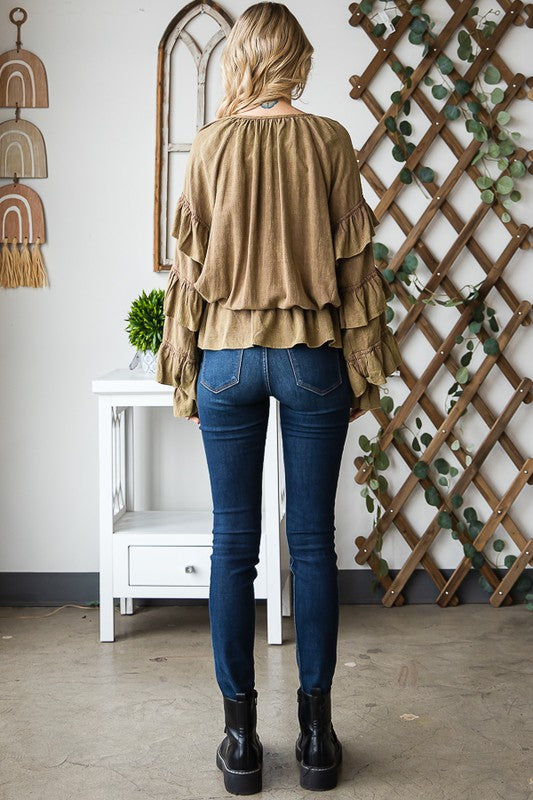 WASHED TIERED RUFFLE SLEEVE PEPLUM BLOUSE