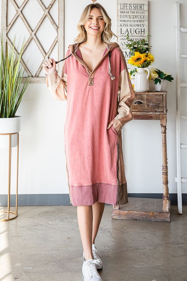 WASHED DRAWSTRING HOODED CONTRAST TUNIC DRESS