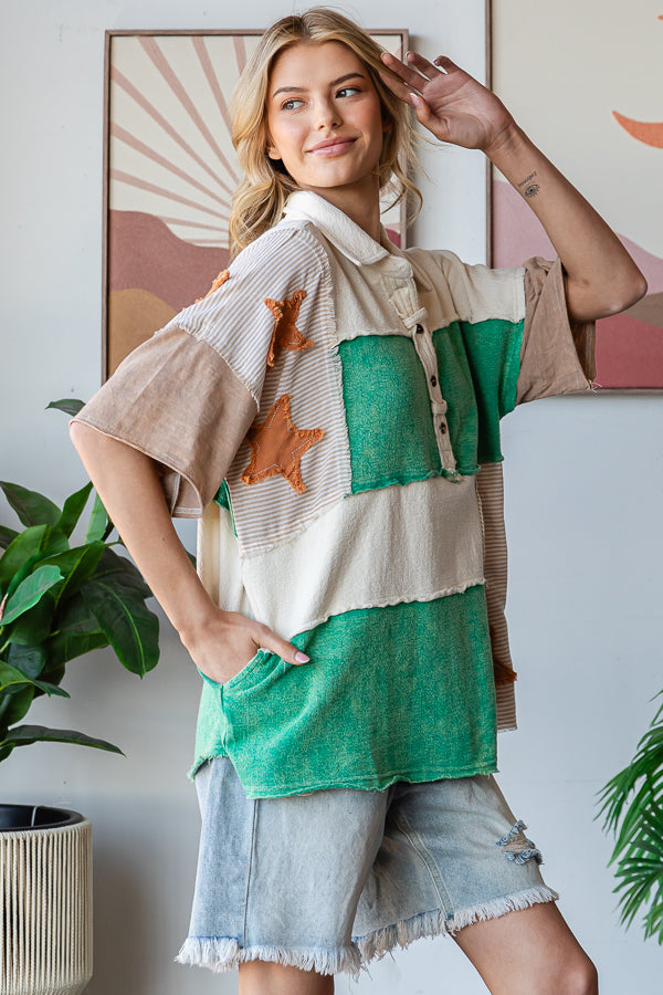 WASHED STAR PATCHWORK HALF COLLARED SHIRT