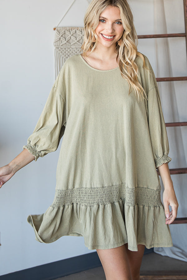 WASHED SMOCK DETAIL FLARE HEM OPEN BACK DRESS