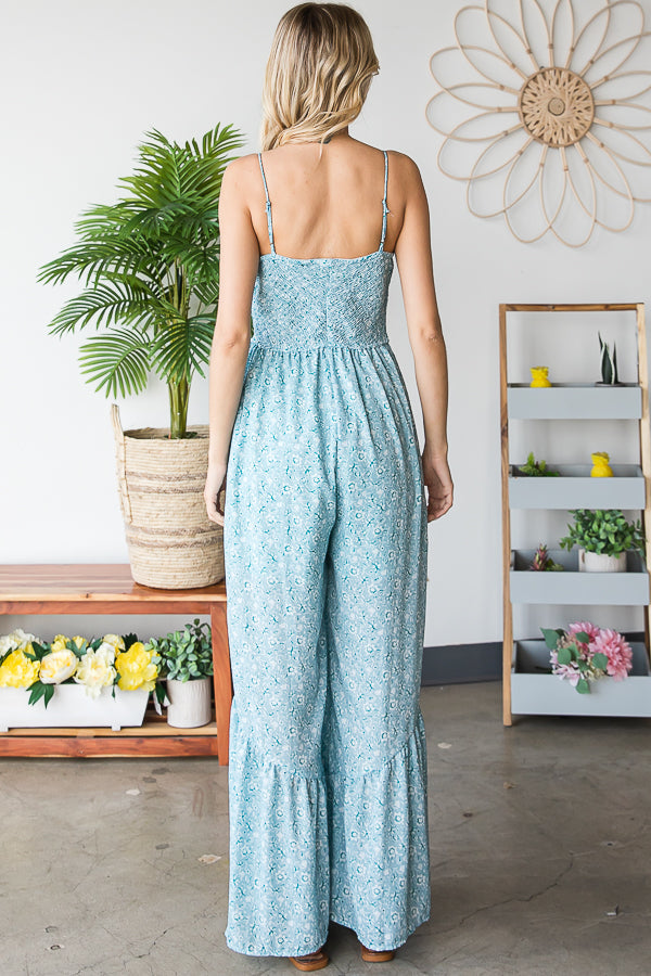 SMOCKED CAMI RUFFLE HEM RELAXED JUMPSUIT