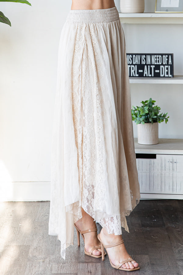 CHIFFON LACE MIXED OVERLAY A-LINE MIDI SKIRT