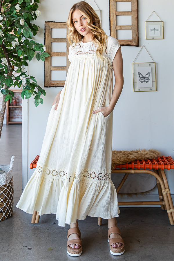 CROCHET YOKE RUFFLE FLARE HEM GAUZE MAXI DRESS