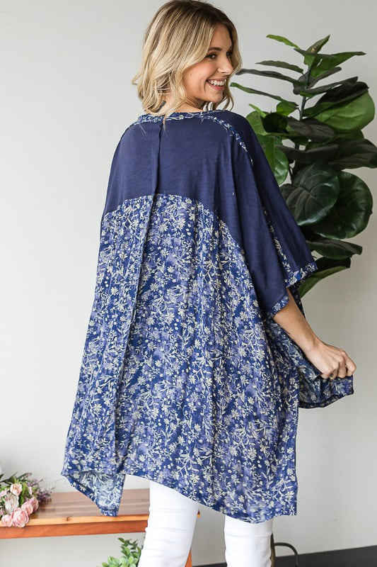 CONTRAST YOKE PRINTED SHORT SLEEVE OVERSIZED TOP