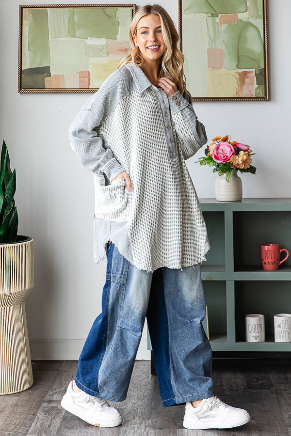 WASHED COLLARED NECK LONG SLEEVE WAFFLE TOP