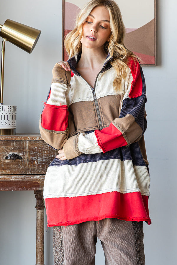 WASHED COLORBLOCK HALF ZIP PULLOVER TOP