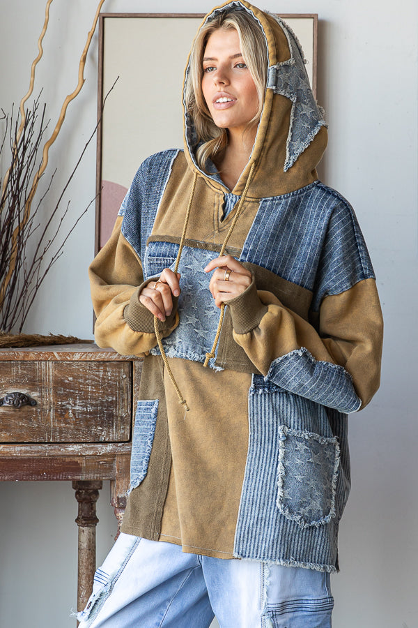 WASHED PATCHWORK DENIM HOODED PULLOVER TOP