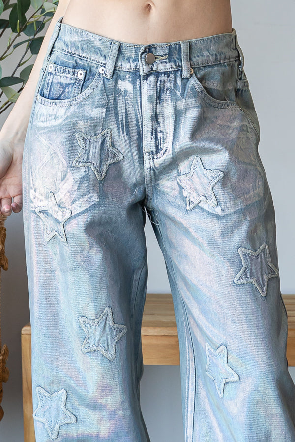 WASHED FOIL LOVE PATCHWORK DENIM JEANS