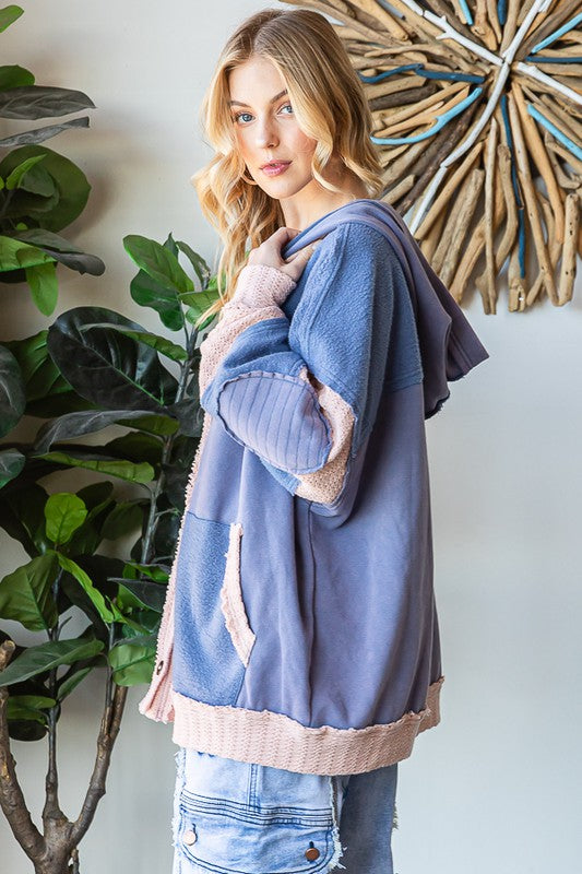 WASHED COLORBLOCK MIX MEDIA HOODED CARDIGAN