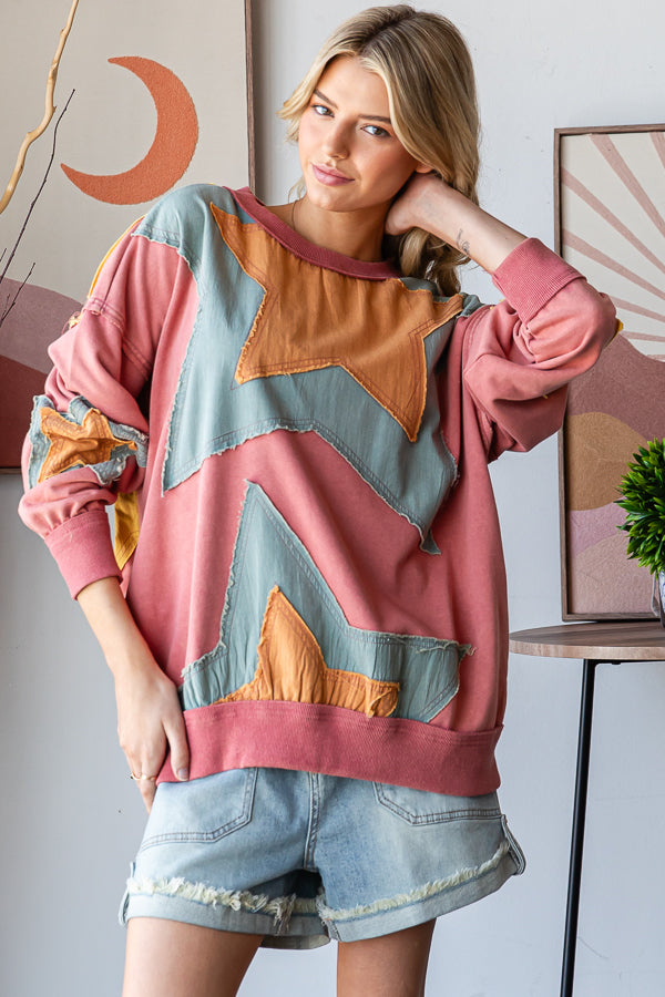MINERAL WASHED STAR PATCHWORK PULLOVER TOP