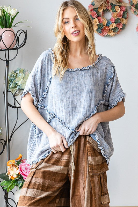 WASHED DOUBLE GUAZE RUFFLED DETAIL OVERSIZED TEE