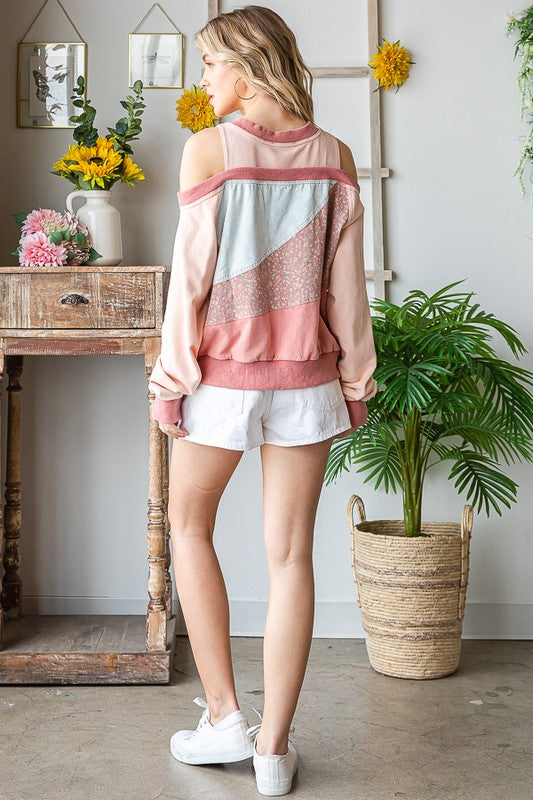 WASHED MIX MEDIA CUTOUT SHOULDER PULLOVER TOP