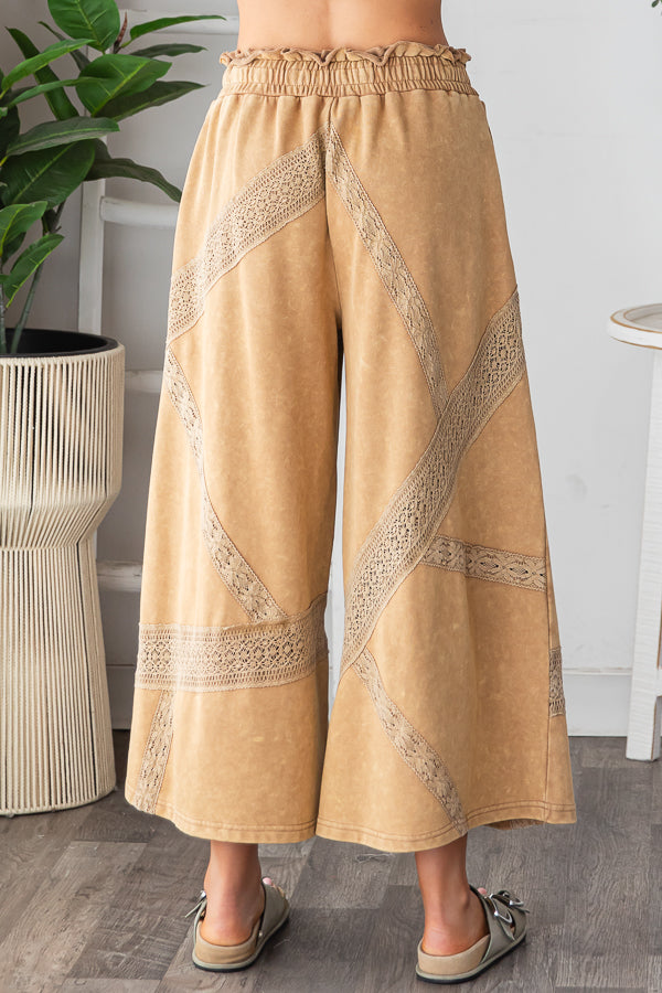 WASHED LACE TRIM TERRY WIDE LEG PANTS