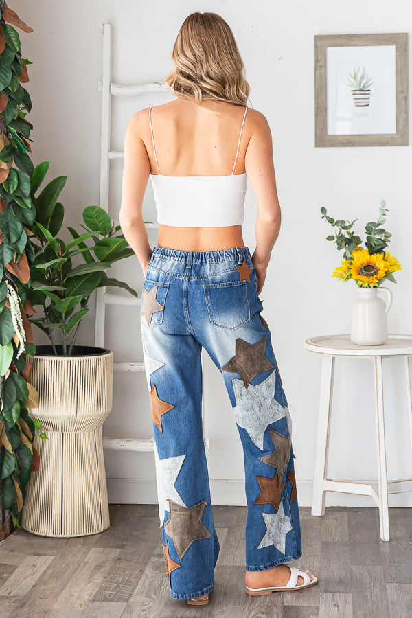 WASHED PU LEATHER STAR PATCHED JEANS