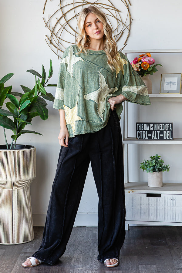 WASHED STAR PATCHWORK SHORT SLEEVE TOP