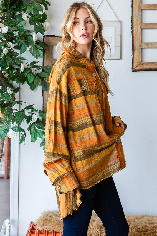 WASHED MIXED STRIPE FRAYED DETAIL SHIRT