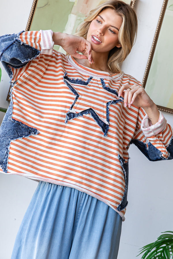 STAR PATCHWORK STRIPED DROP SHOULDER TOP