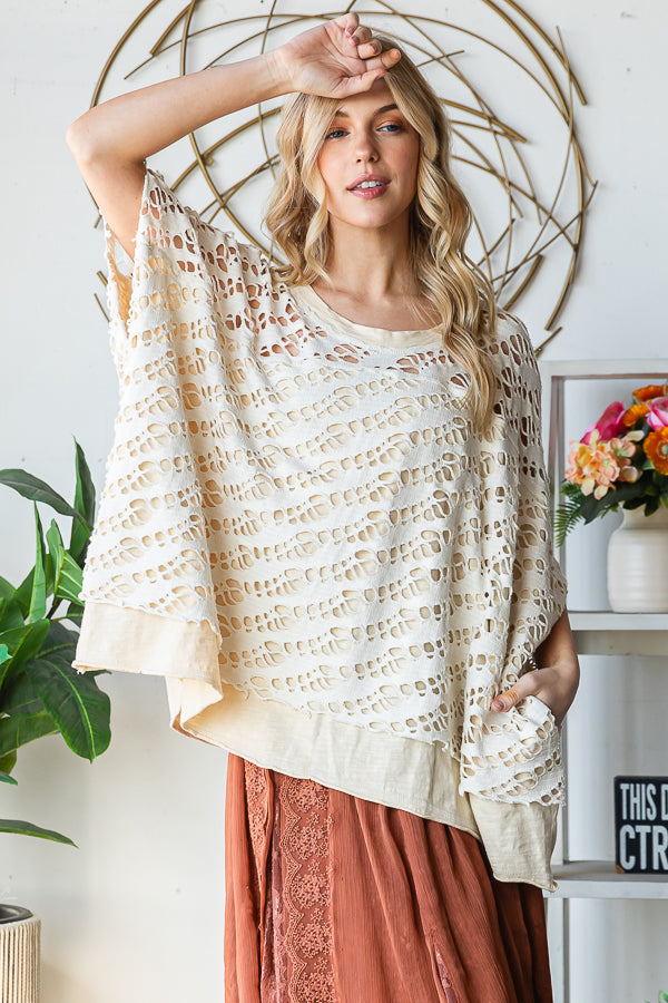 WASHED CROCHET LAYERED KNIT TOP