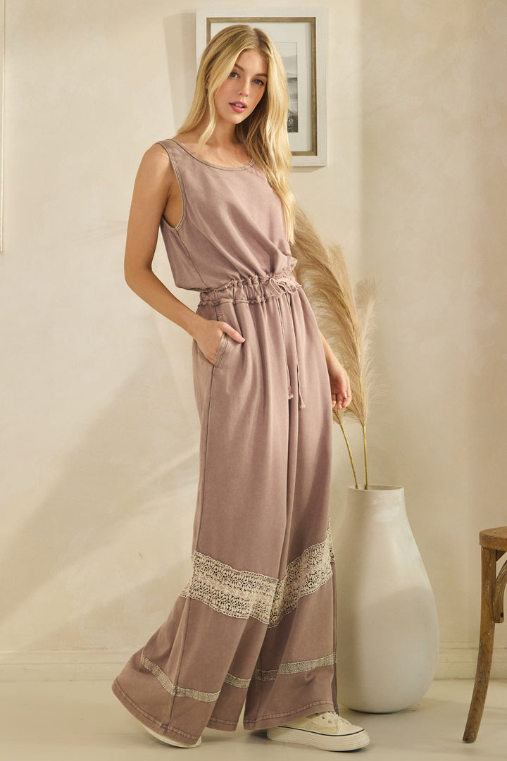 WASHED LACE DETAIL WITH WAIST STRING JUMPSUIT