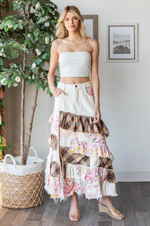 WASHED PLAID FLOWER PATCHWORK SLIT MAXI SKIRT