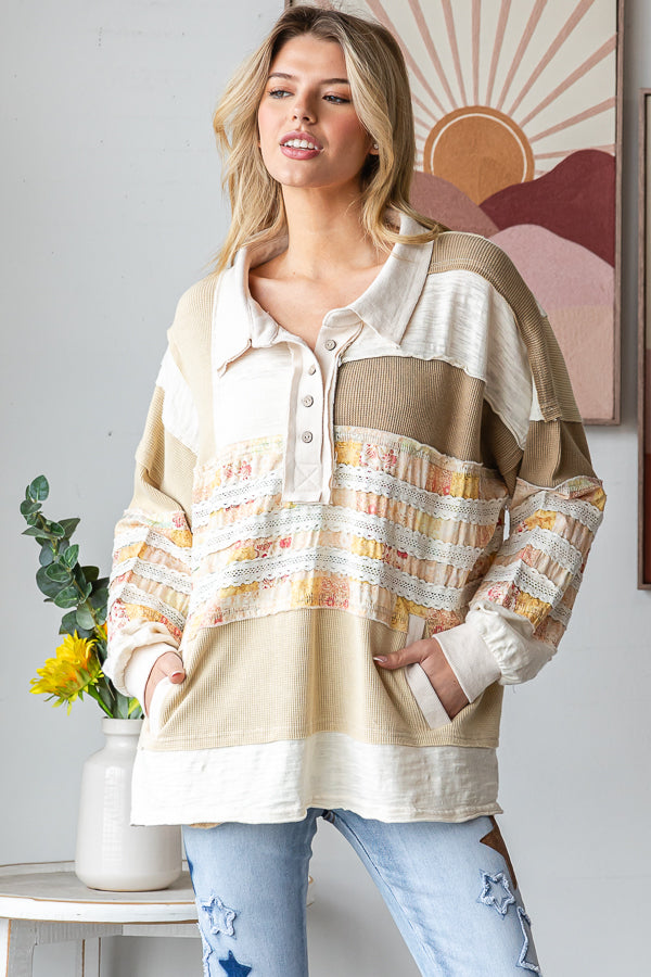WASHED MIXED FABRIC BUTTON COLLAR LONG SLEEVE TOP