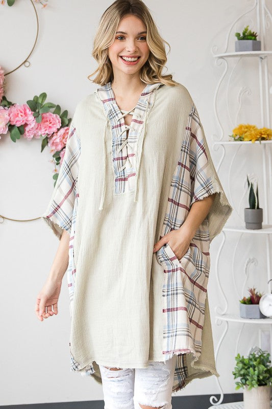 WASHED PLAID MIXED HOODED OVERSIZED TUNIC TOP