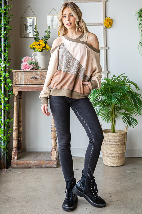 WASHED MIX MEDIA CUTOUT SHOULDER PULLOVER TOP