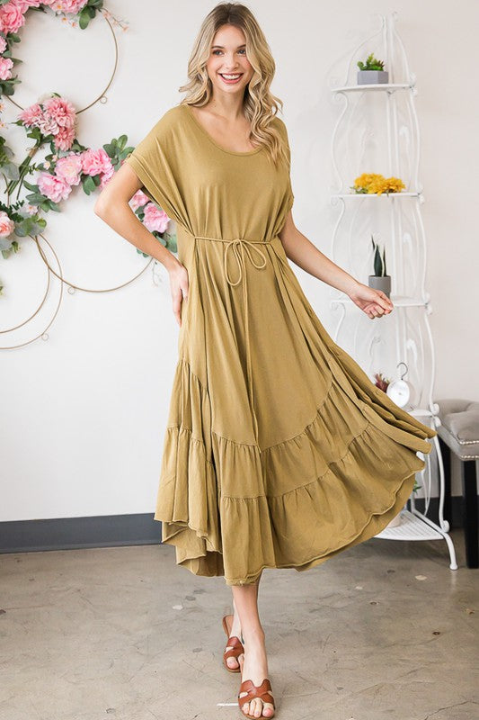 WASHED RUFFLE TIERED HEM SHORT SLEEVE MIDI DRESS