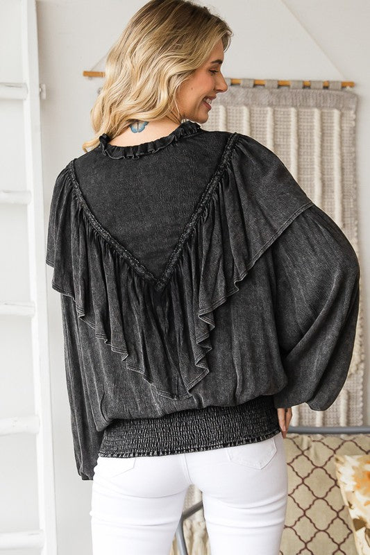 WASHED RUFFLE DETAIL WASHED SMOCKED HEM TOP