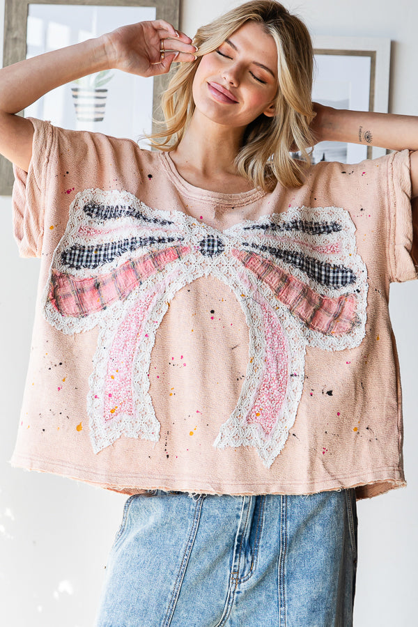 PAINT SPLATTER DETAIL RIBBON PATCHWORK TOP