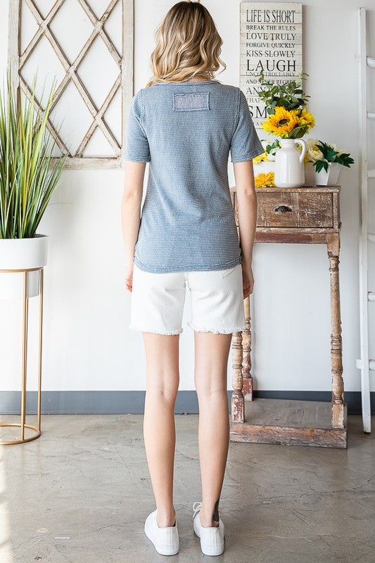 WASHED CINCHED SHORT SLEEVE KNIT TOP