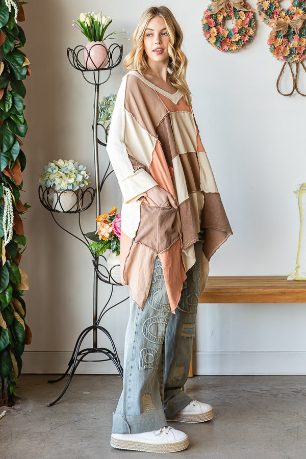 WASHED COLORBLOCK WIDE V NECK OVERSIZED TOP
