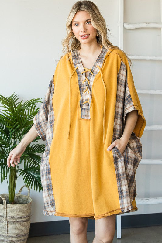 WASHED MIX MEDIA PLAID DETAIL OVERSIZED TUNIC TOP