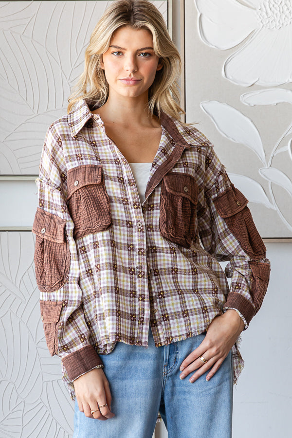 WASHED PLAID CONTRAST 3D POCKETS BUTTON DOWN SHIRT