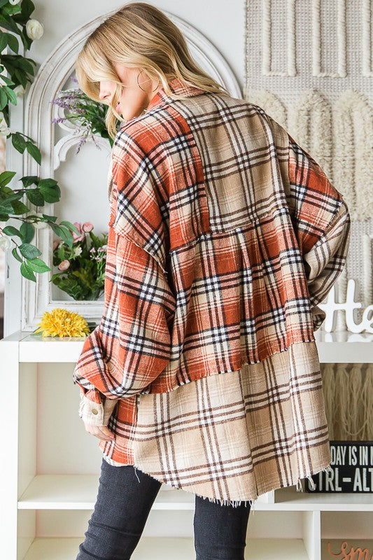 WASHED MIXED PLAID RAW HEM LONG SLEEVE SHIRT