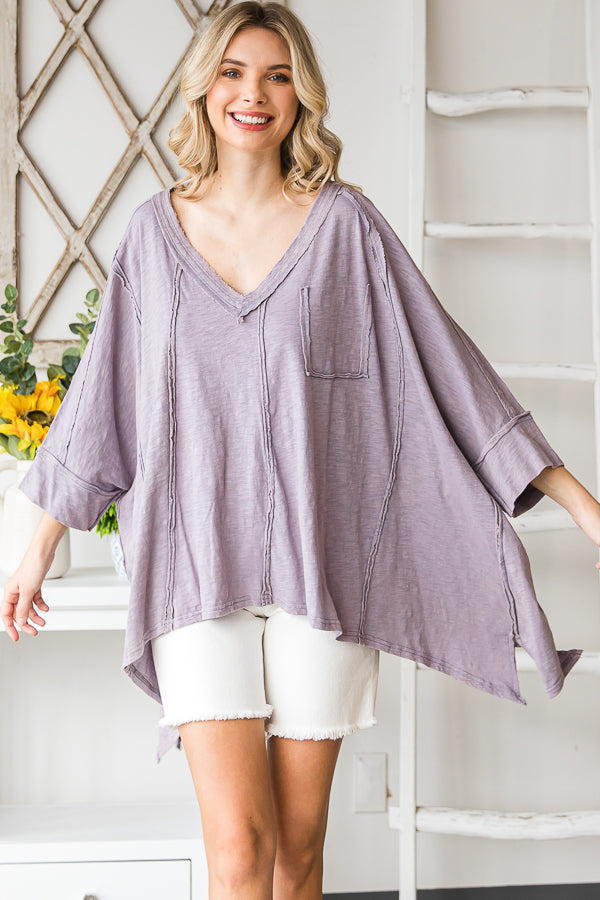 OVERSIZED V NECK SHARKBITE HEM SOFT KNIT TOP