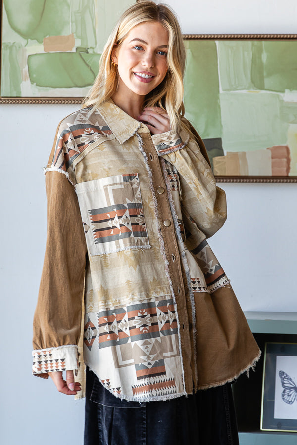 MIXED AZTEC PRINTED BUTTON DOWN SHACKET