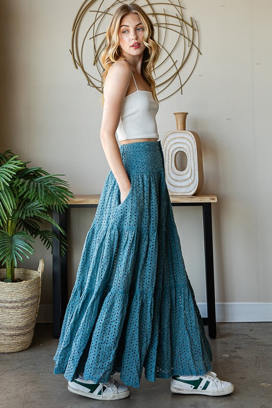 MINERAL WASHED EYELET TIERED MAXI SKIRT