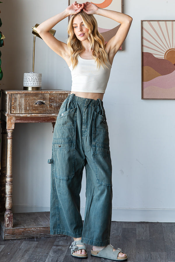 MINERAL WASHED WIDE LEG CARGO DENIM JEANS