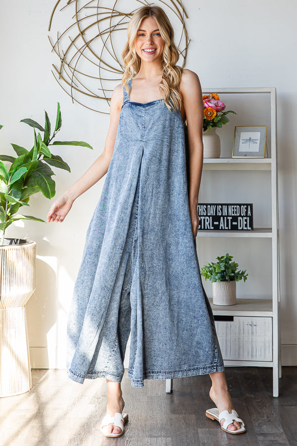 WASHED PLEATED DETAIL WIDE LEG ROMPER