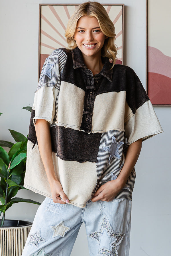 WASHED STAR PATCHWORK HALF COLLARED SHIRT