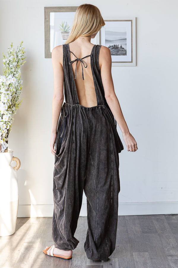 WASHED WIDE LEG DRAWSTRING DETAIL JUMPSUIT