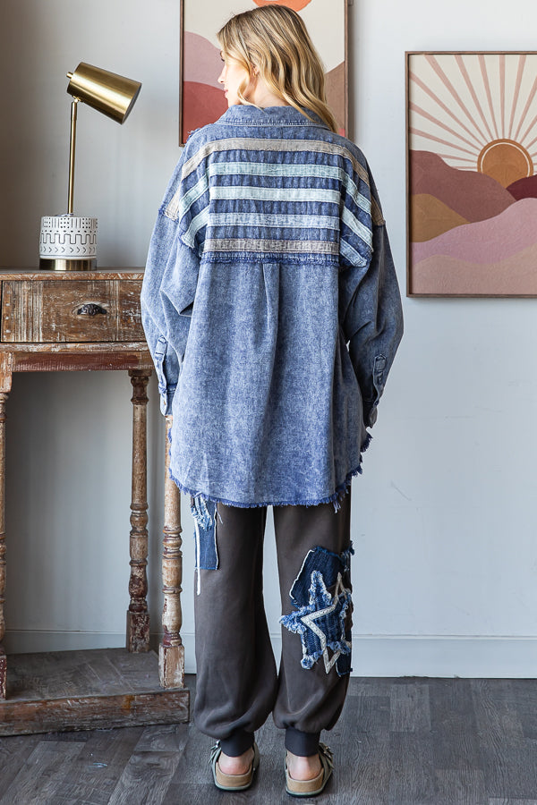 WASHED STRIPED PATCHWORK DENIM SHACKET