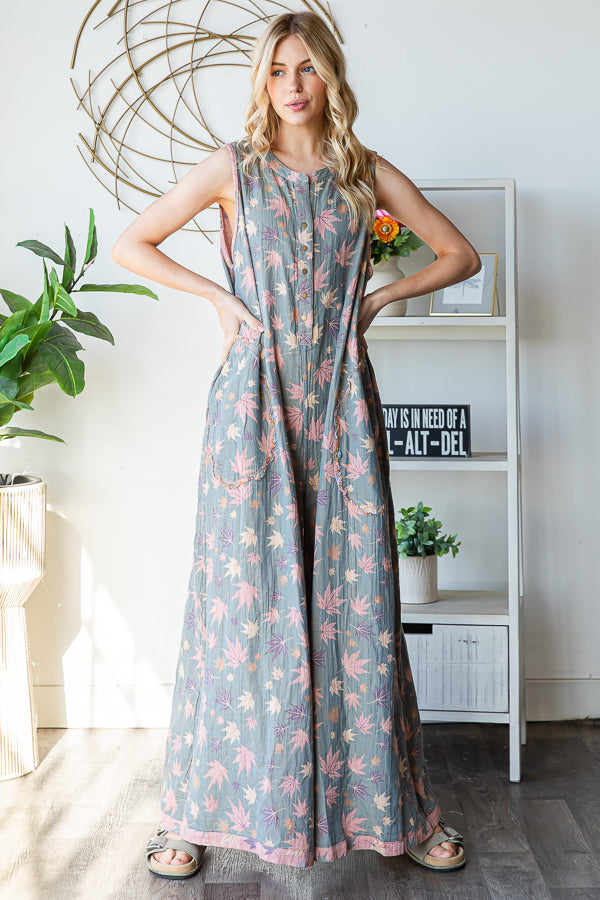 WASHED SLEEVELESS PRINTED REVERSIBLE JUMPSUIT