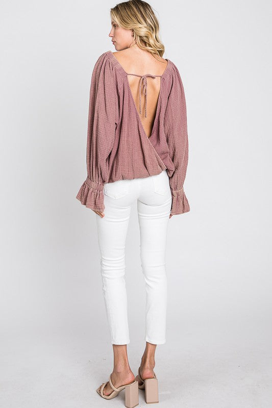 WASHED FLARE CUFFS OPEN BACK DETAIL GAUZE BLOUSE