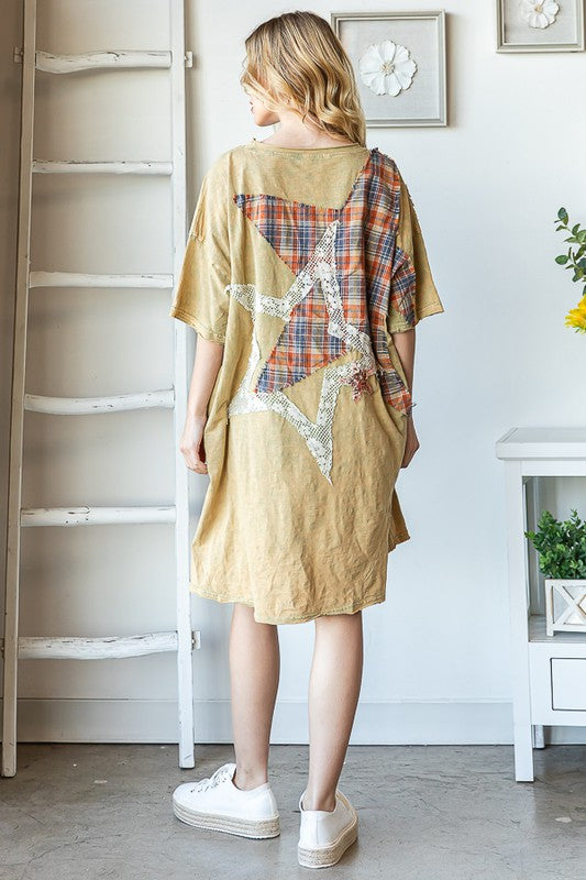 STAR PATCHWORK DROP SHOULDER OVERSIZED LONG TOP