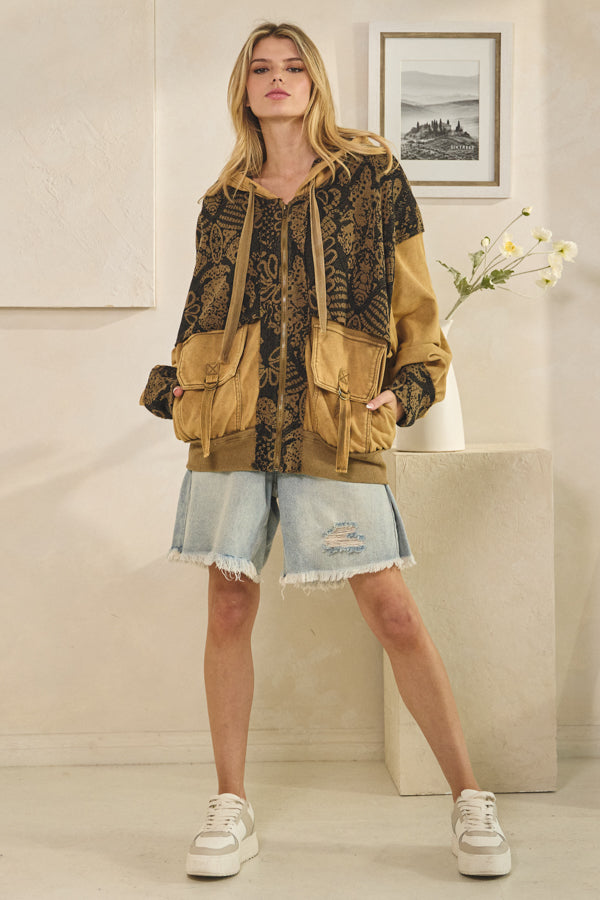 WASHED PRINTED PATTERN CONTRAST HOODED JACKET